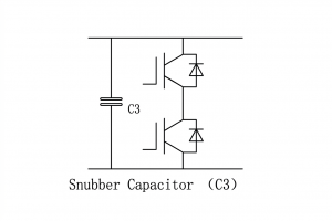 Half-bridge IGBT circuit diagram with snubber capacitor C3 connected across the DC bus rails.